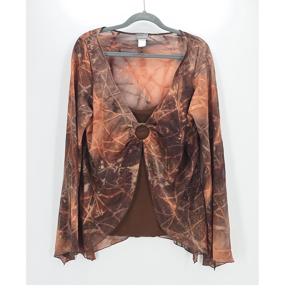 HerStory Sheer Mesh Top Womens 3X Brown Ring Front Glitter Tie Dye Made USA